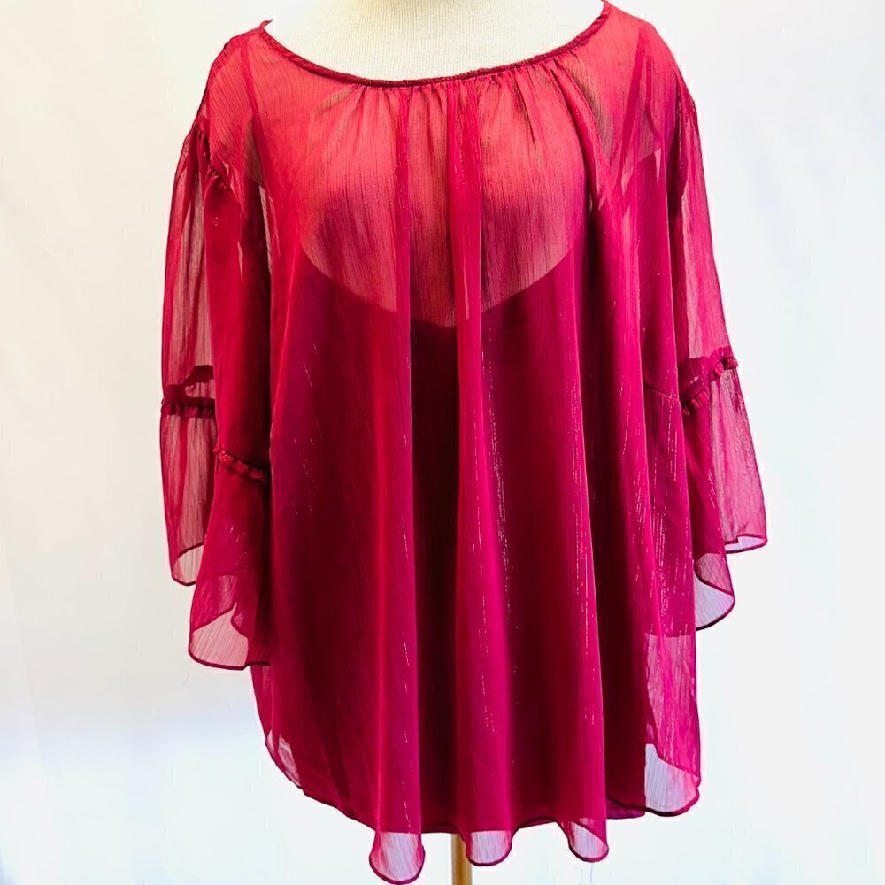 NWT LAUREN CONRAD Women Long Sleeve Pullover Sheer & Tank Red Shirt Plus Size 4X